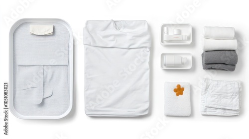 Baby essentials, such as a blanket, diaper, and lotion, organized on a white surface. photo