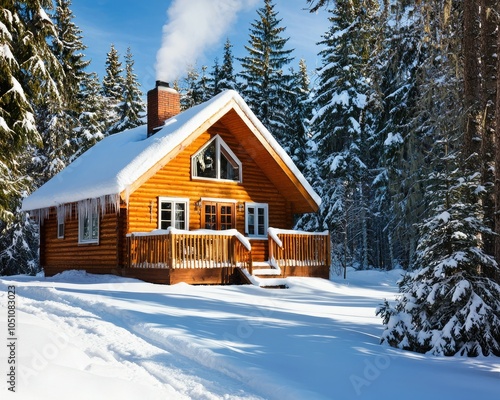 Cozy cabin nestled in snow-covered forest, smoke rising from chimney under bright winter sky, offering a peaceful retreat.