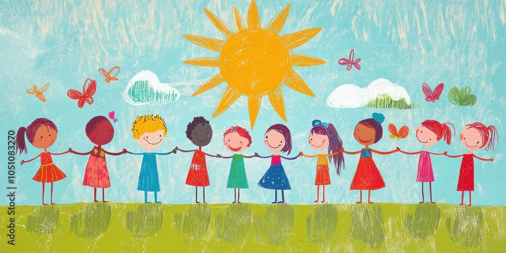 Fototapeta premium Smiling kids holding hands under a sun.