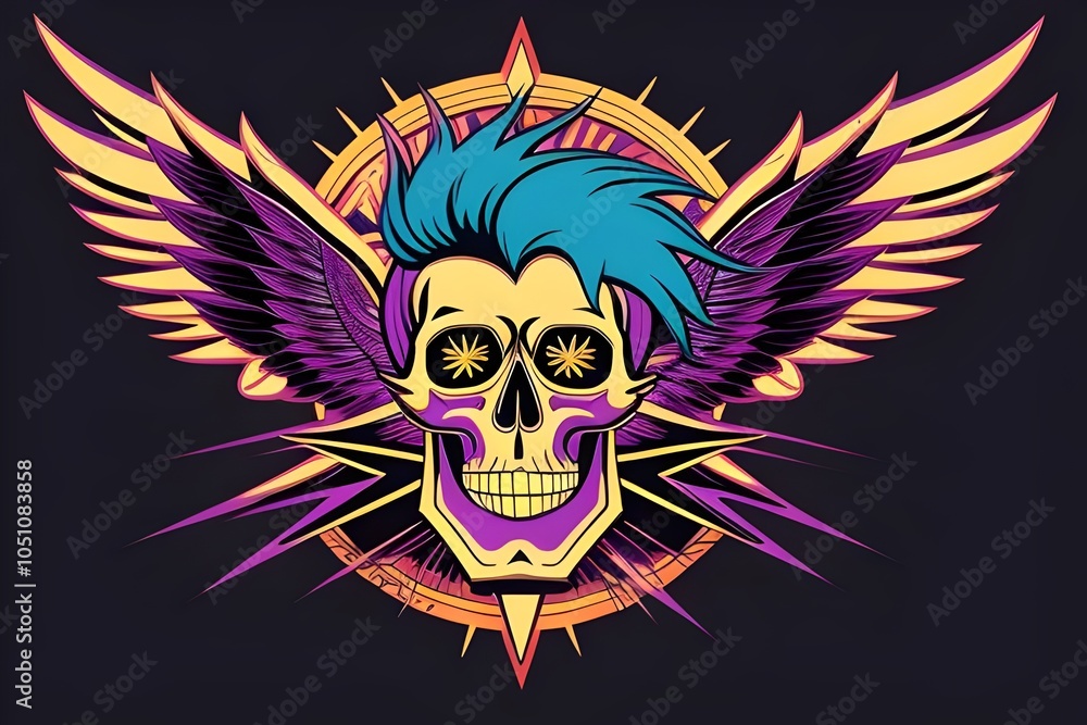 A vibrant 1980s screen print design LOGO t-shirt capturing the essence of hair metal. skull and wings. bold, dynamic, retro, edgy, rock, rebellious, loud, neon, detailed, striking, artistic, intense A vibrant 1980s screen print design LOGO t-shirt capturing the essence of hair metal. skull and wings. bold, dynamic, retro, edgy, rock, rebellious, loud, neon, detailed, striking, artistic, intense