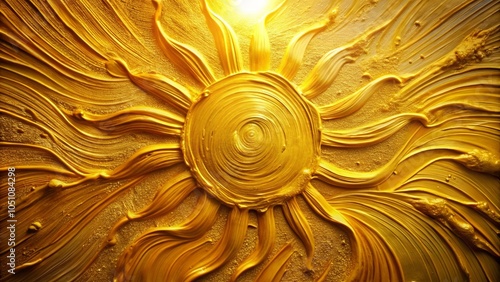 Fototapeta Naklejka Na Ścianę i Meble -  A radiant golden sun painted with thick strokes and a shimmering metallic sheen, radiating light and warmth.