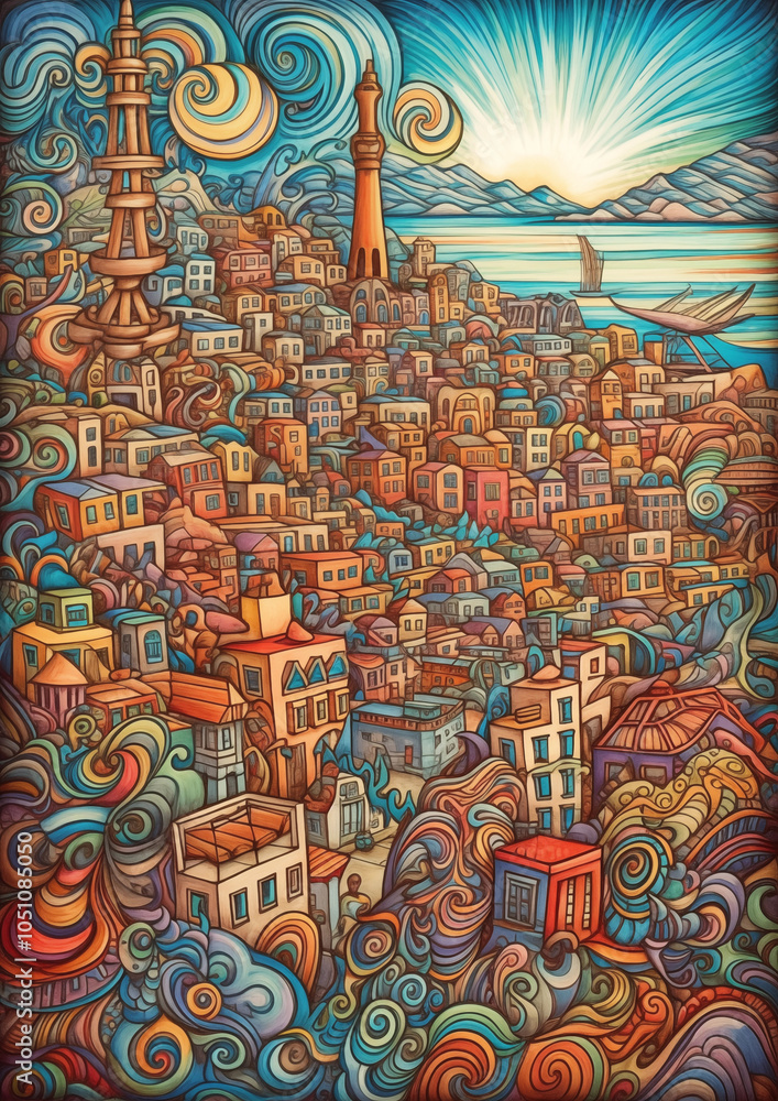 Fototapeta premium Children's drawing city