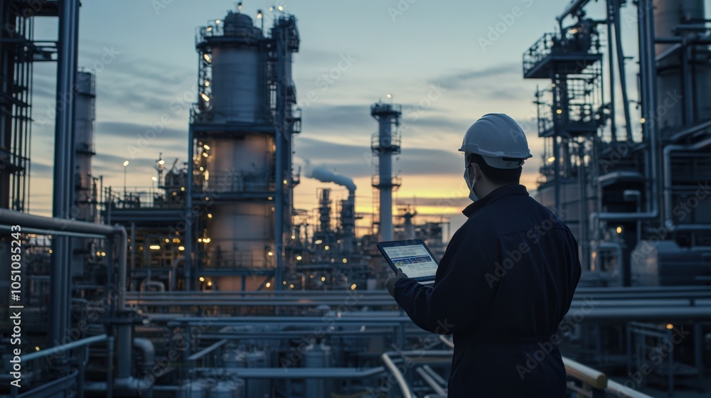 A man wearing a hard hat is looking at a tablet while standing in front of a lar A man wearing a hard hat is looking at a tablet while standing in front of a lar
