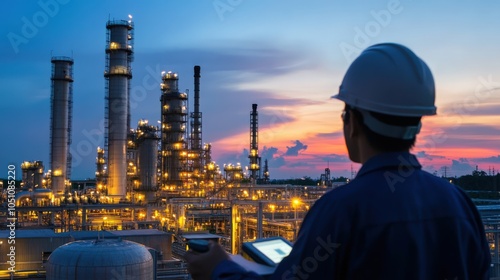 A man wearing a hard hat is looking at a tablet while standing in front of a lar