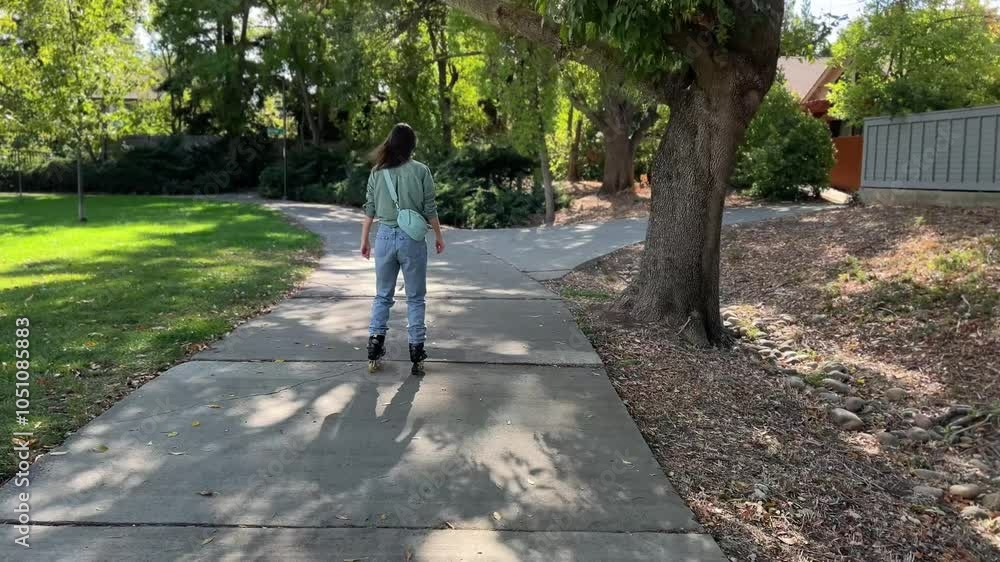 Beautiful young girl is rollerskating in a park wearing in blue jeans Beautiful young girl is rollerskating in a park wearing in blue jeans