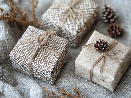 Three Rustic Gift Boxes Wrapped in Brown Paper and Twine with Pine Cones