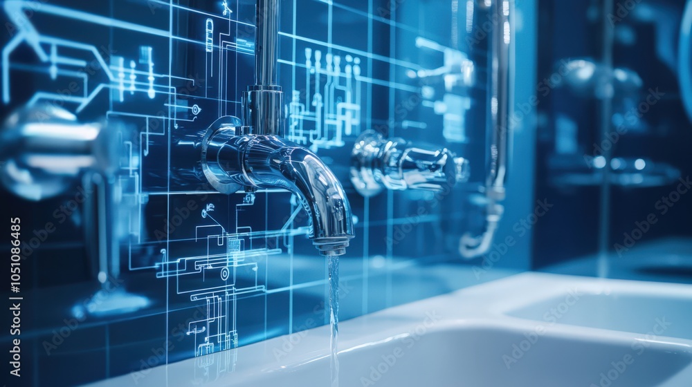 A sink with a blue background and a water faucet with a design of wires A sink with a blue background and a water faucet with a design of wires