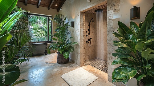 A serene shower experience surrounded by lush greenery in a tranquil setting photo