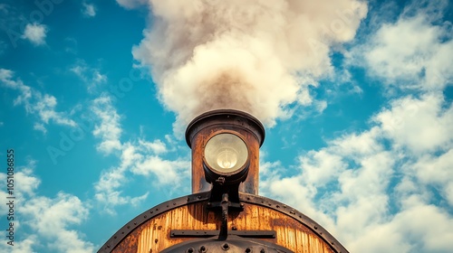 A close-up of a vintage steam locomotive chimney releasing smoke against a blue sky. photo