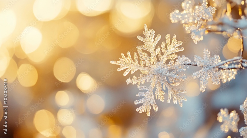 Close-up of a Frosty Snowflake on a Branch with a Golden Bokeh Background Close-up of a Frosty Snowflake on a Branch with a Golden Bokeh Background