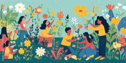 People picking flowers in a garden.
