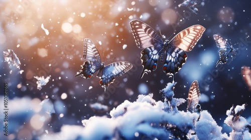 Butterflies Flying Through A Snowy Winter Scene