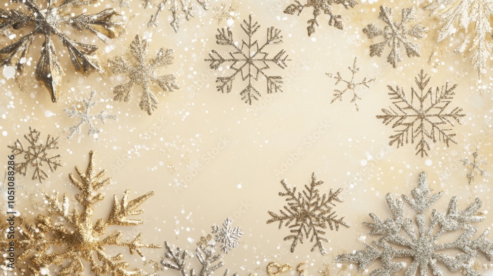 Golden and Silver Glitter Snowflakes on Beige Background Golden and Silver Glitter Snowflakes on Beige Background