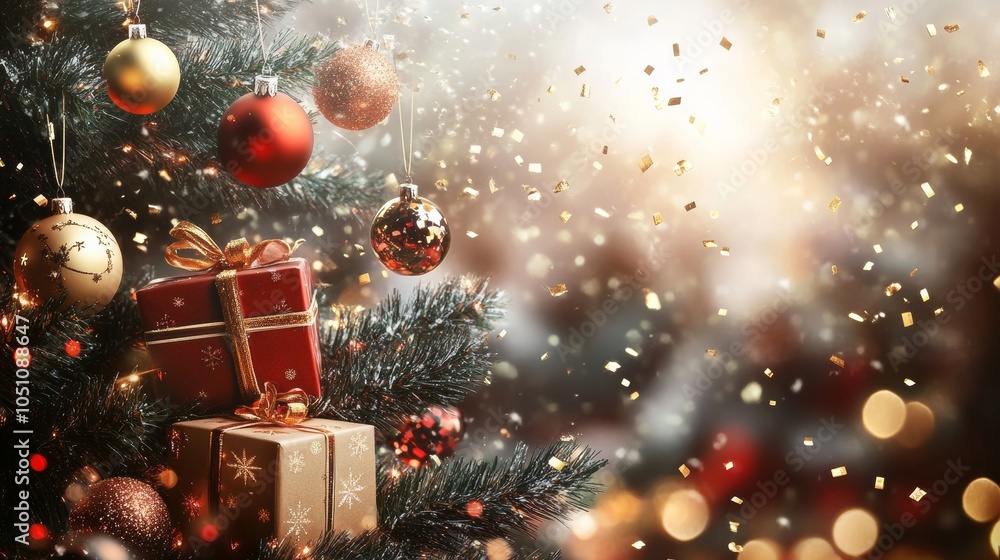 Merry Christmas and Happy New Year background. Realistic 3d Xmas design, falling gift boxes and gold confetti hanging on ribbon glass balls decoration light garland Christmas tree Merry Christmas and Happy New Year background. Realistic 3d Xmas design, falling gift boxes and gold confetti hanging on ribbon glass balls decoration light garland Christmas tree