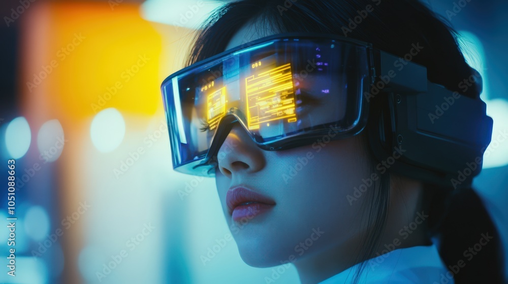 A woman wearing virtual reality goggles A woman wearing virtual reality goggles