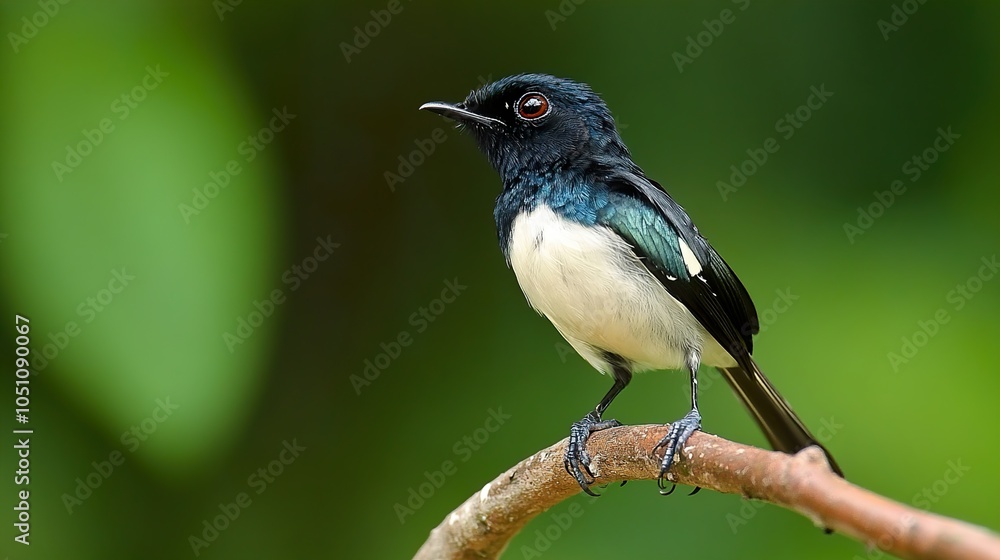 Fototapeta premium Black and White Bird Perched on a Branch in a Tropical Forest
