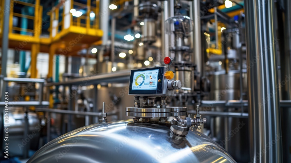 A large industrial plant with a computer screen on a piece of equipment A large industrial plant with a computer screen on a piece of equipment