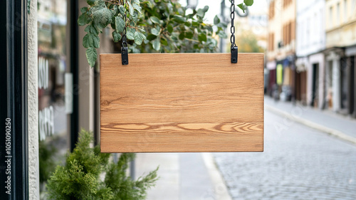blank wooden shop sign with weathered texture hanging outside store, surrounded by greenery, evokes rustic charm in quaint street setting