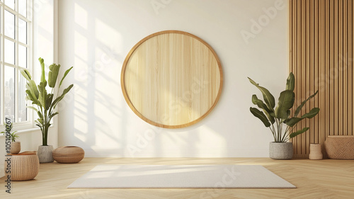 serene interior featuring circular wooden sign on light wall, surrounded by lush green plants and soft rug, creating calming atmosphere