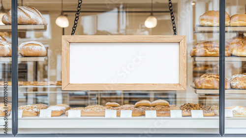 charming wooden blank shop sign hangs in front of bakery display, showcasing variety of fresh bread and pastries. inviting atmosphere is perfect for attracting customers