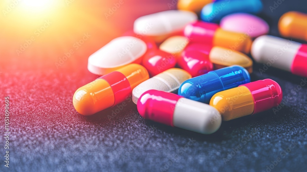 Colorful pills scattered on a table, closeup view of medicine and healthcare Colorful pills scattered on a table, closeup view of medicine and healthcare