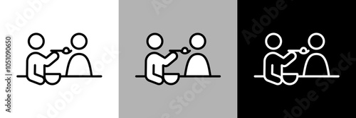 介護スタッフが食事介助をするイラスト。シンプルな線画のベクターアイコン。