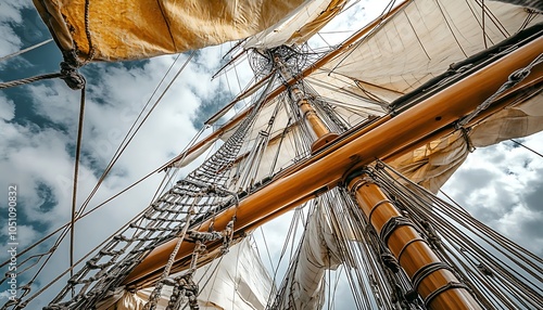 View of a sailing ship's mast and sails against a cloudy sky.