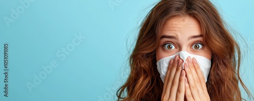 A surprised young woman wearing a face mask, with wide eyes and hands covering her mouth, set against a soft blue background. photo