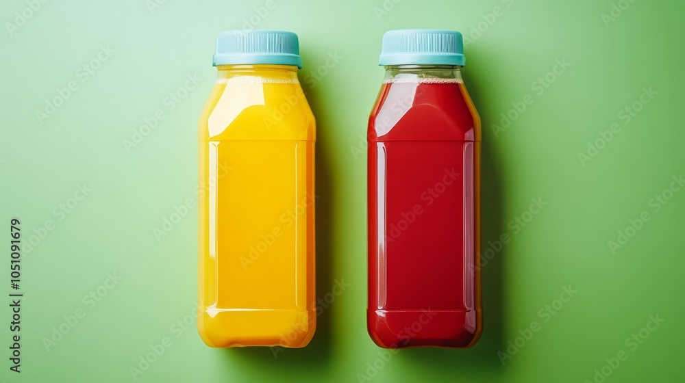 Refreshing fruit juice in bottles, a vibrant still life against green background Refreshing fruit juice in bottles, a vibrant still life against green background