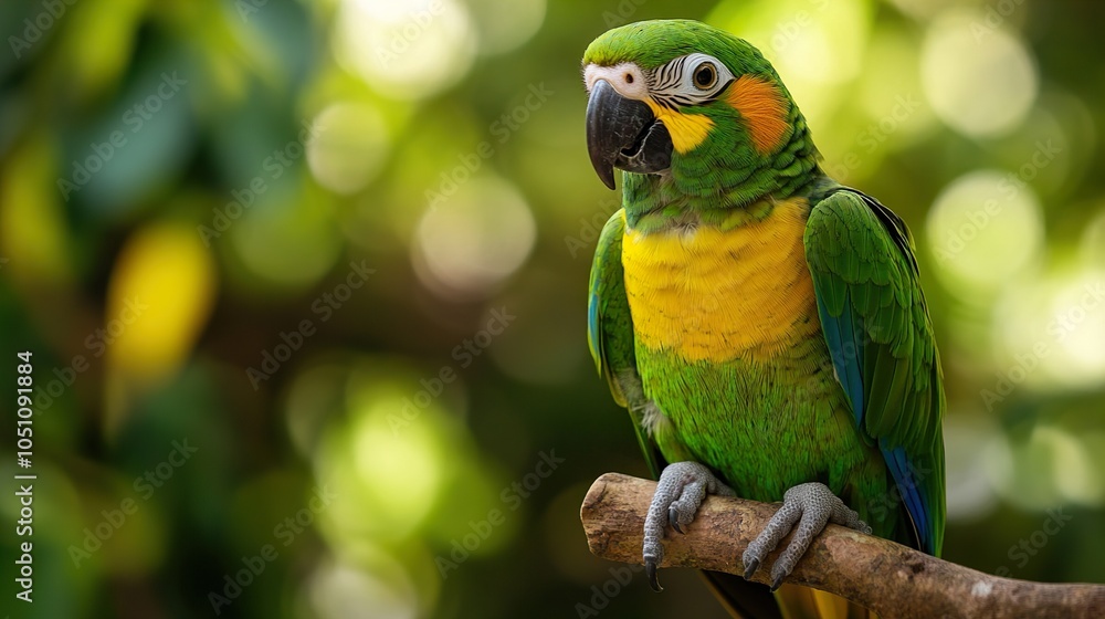 Obraz premium Green Parrot Perched on Branch in Tropical Rainforest