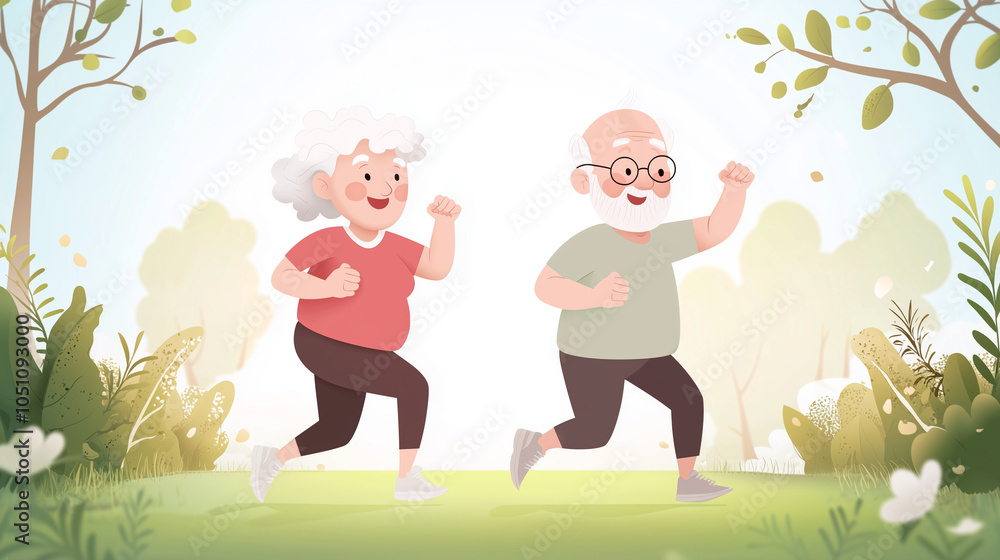 Active Seniors in Spring Park: A joyful illustration of an elderly couple jogging through a vibrant park, embracing an active and healthy lifestyle. Active Seniors in Spring Park: A joyful illustration of an elderly couple jogging through a vibrant park, embracing an active and healthy lifestyle.