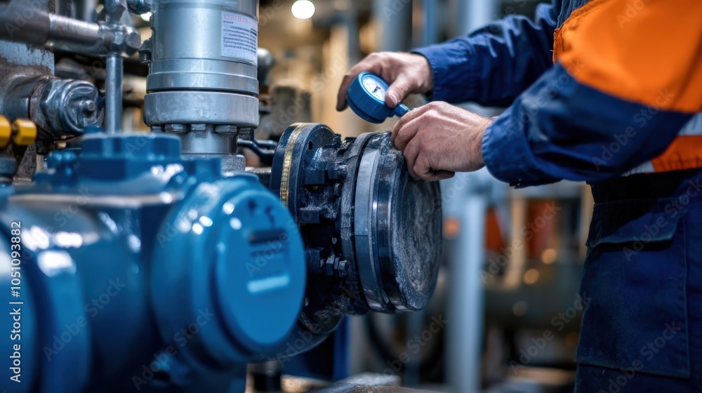 Fototapeta premium A man is working on a blue pipe with a pressure gauge