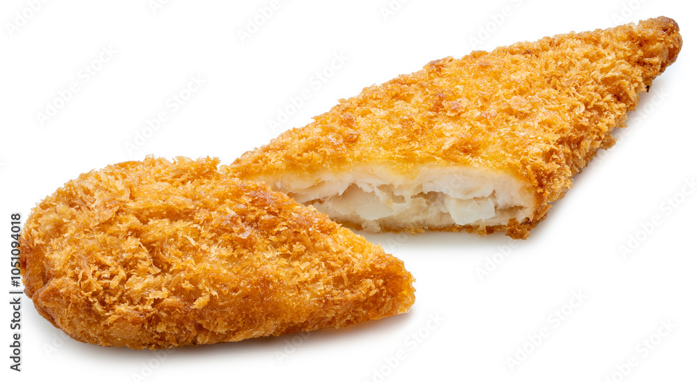 Deep fried crispy fish steak isolated on white, Deep fried Breaded fish isolated on white background With clipping path. Deep fried crispy fish steak isolated on white, Deep fried Breaded fish isolated on white background With clipping path.