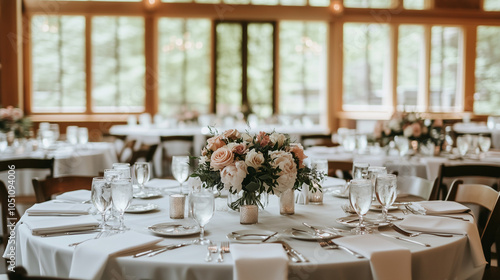 Rustic Elegance Wedding Reception:  A charming tablescape awaits guests at a rustic wedding reception.  Peach and white floral centerpiece, elegant place settings.