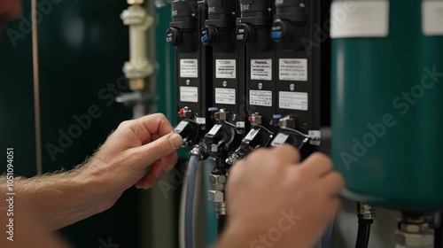 A man is working on a machine with four valves photo