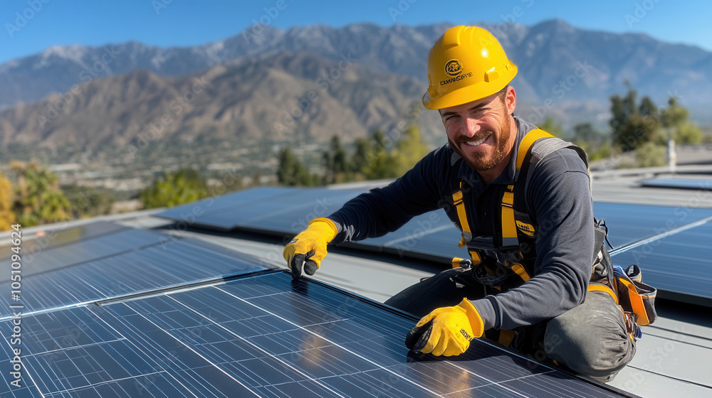 smiling engineer is installing solar panels on rooftop, showcasing beautiful mountainous landscape in background. scene reflects positive and productive atmosphere smiling engineer is installing solar panels on rooftop, showcasing beautiful mountainous landscape in background. scene reflects positive and productive atmosphere