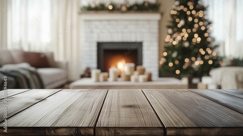 Fototapeta premium Cozy Christmas Fireplace Tabletop: A rustic wooden table sits in the foreground, invitingly empty, with a warm, inviting fireplace and a beautifully decorated Christmas tree in the background.