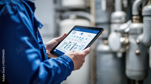 A man is holding a tablet and looking at a screen