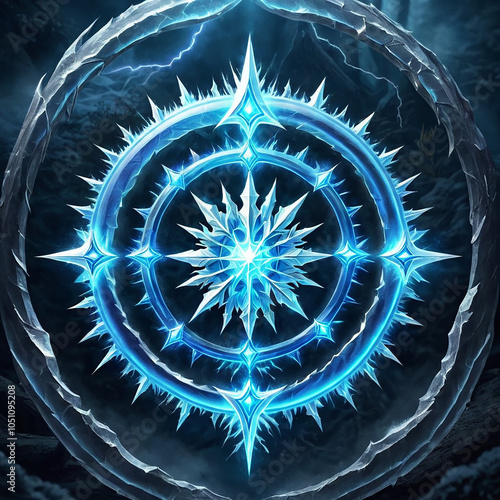 A glowing blue circular symbol composed of ice with a sixpointed star shape in the center, with a larger, darker icy ring around it. photo