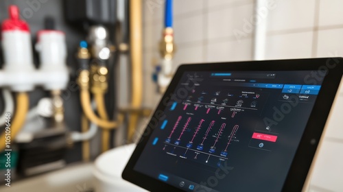 A tablet is displaying a diagram of a plumbing system