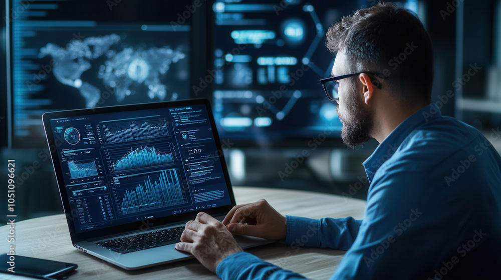 Data analyst working on performance metrics and visualizations on laptop, surrounded by digital screens displaying graphs and data analytics. environment is modern and tech focused Data analyst working on performance metrics and visualizations on laptop, surrounded by digital screens displaying graphs and data analytics. environment is modern and tech focused