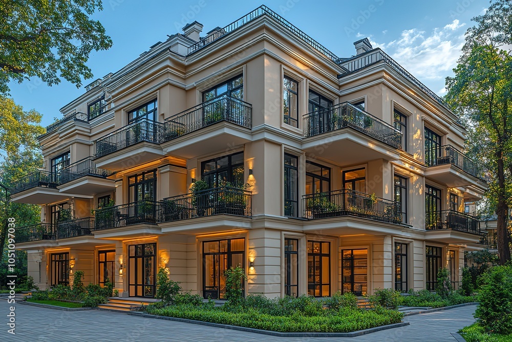 Elegant apartment building with balconies at sunset. Elegant apartment building with balconies at sunset.