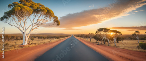 A serene Australian outback landscape featuring a small town of Derby, Western Australia, with a distant rugged Kimberley coastline, a vast expanse of turquoise Arafura Sea. photo