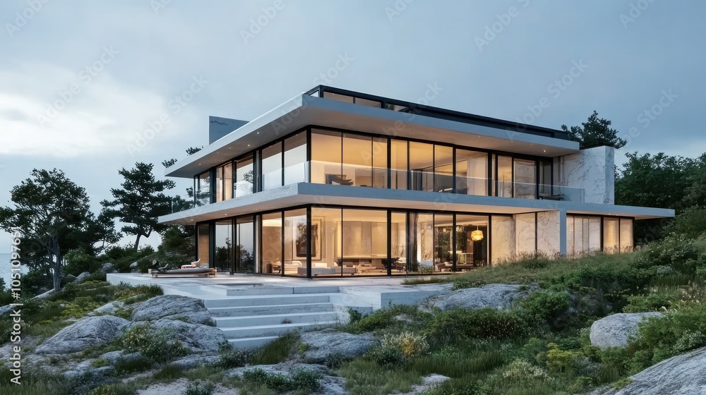 Contemporary house with large glass windows and white marble walls, AI generated image Contemporary house with large glass windows and white marble walls, AI generated image