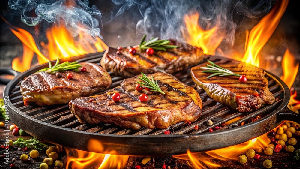 Grilled Steaks Sizzling Over a Bed of Embers, With Rosemary and Peppercorns Adding Flavor and Aroma Grilled Steaks Sizzling Over a Bed of Embers, With Rosemary and Peppercorns Adding Flavor and Aroma