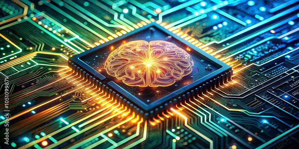 A glowing brain within a circuit board symbolizes the connection ...