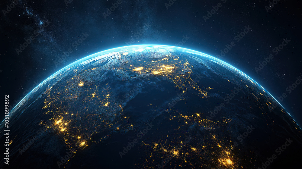 Obraz premium Global Digital Communication System with Flickering City Lights Around the Earth