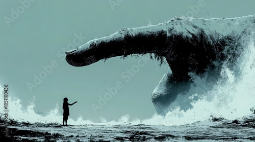 Surreal image of a massive whale confronting a lone human figure, evoking themes of nature, awe, and the unknown in muted tones photo