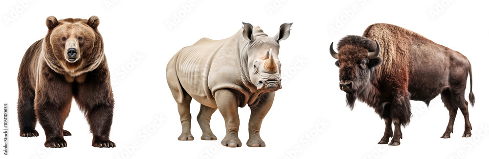 Set of three different wild animals standing, isolated on transparent background Set of three different wild animals standing, isolated on transparent background