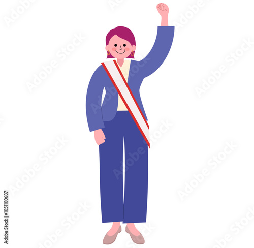 パンツスーツを着てパンプスを履いた女性が選挙の襷をかけて拳を突き上げる全身のイラスト
